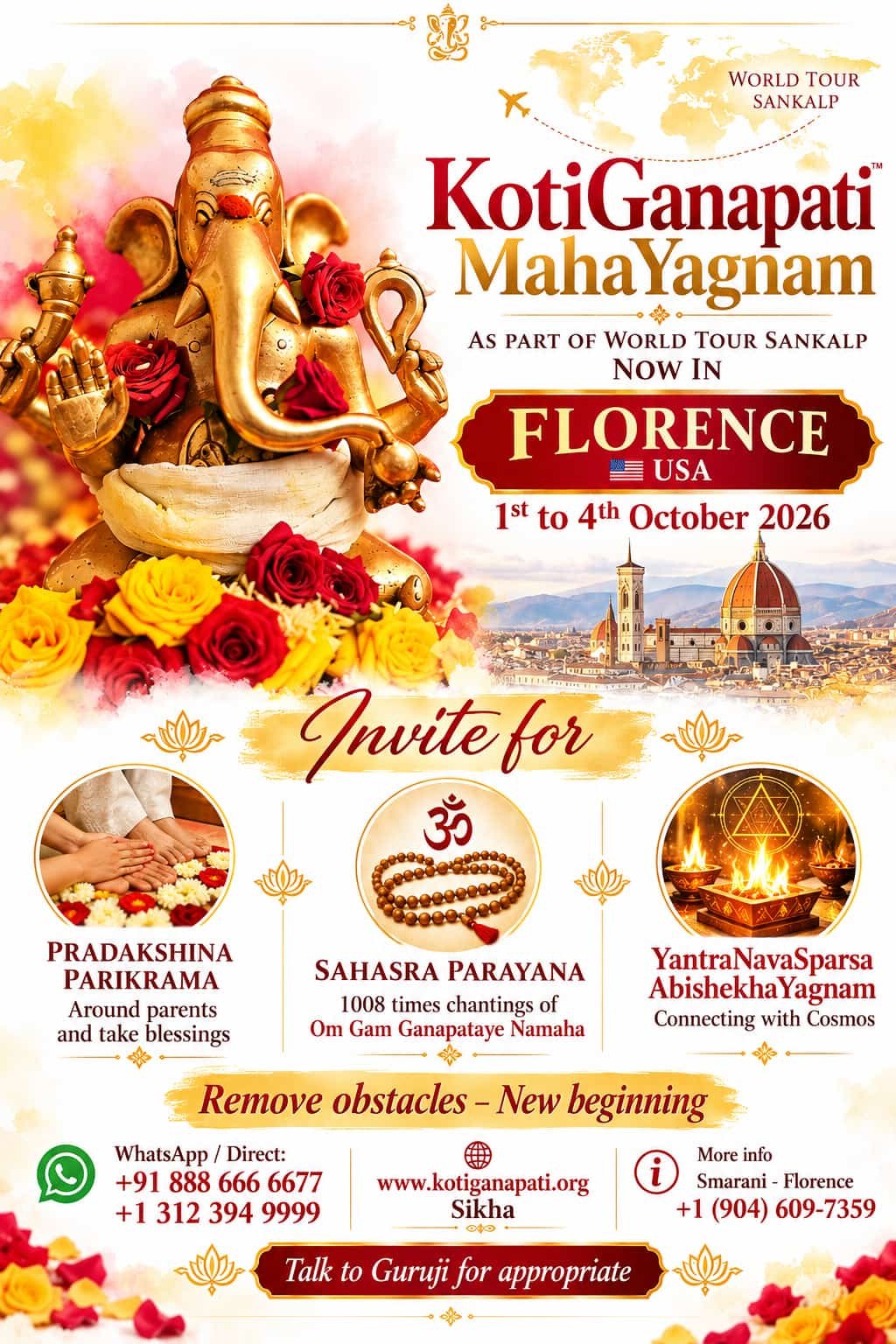 KotiGanapati MahaYagnam poster — Florence, USA, 1st to 4th October 2026. Invite for Pradakshina Parikrama, Sahasra Parayana and YantraNavaSparsaAbhishekhaYagnam.